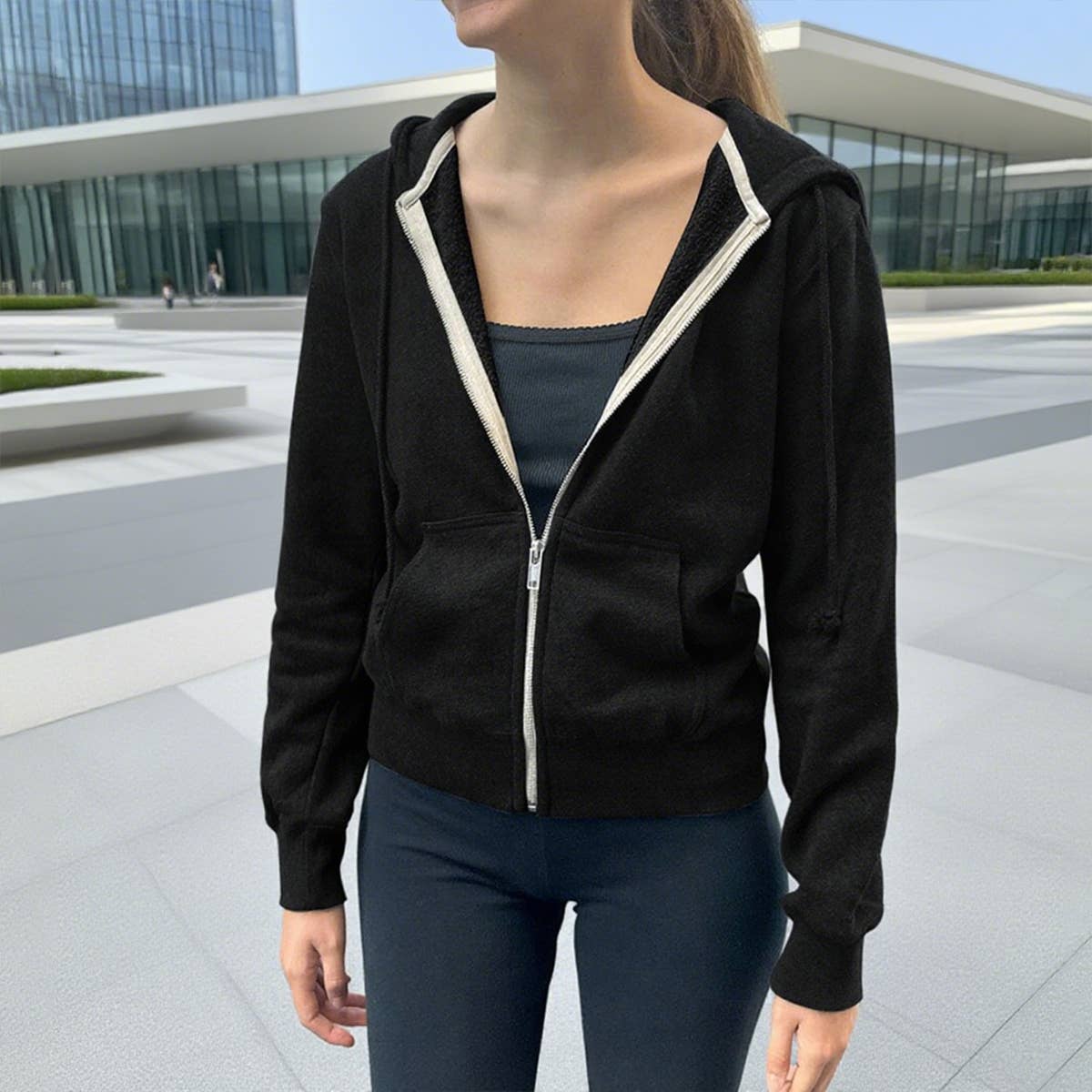 Sporty casual zip-up hooded sweatshirt