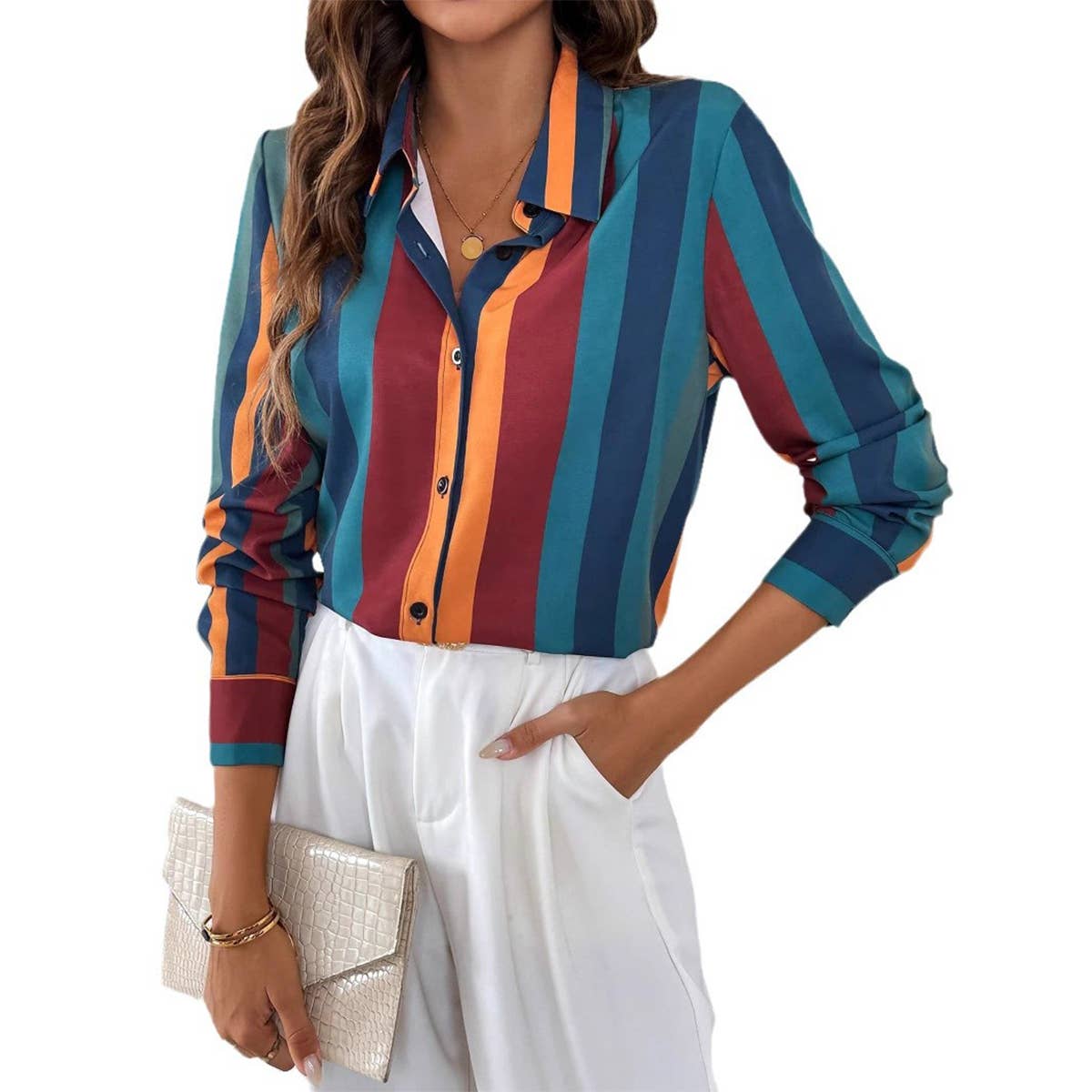 LONG SLEEVE COLOR CONTRAST STRIPED LAPEL SHIRT