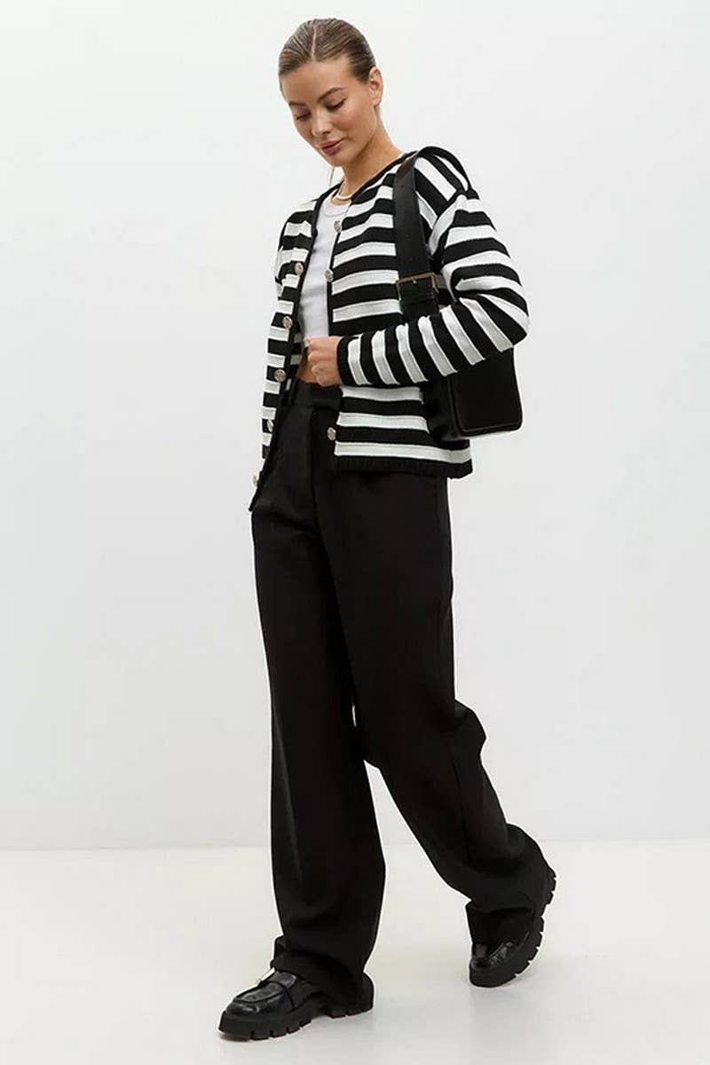 Temperament slim striped knit cardigan