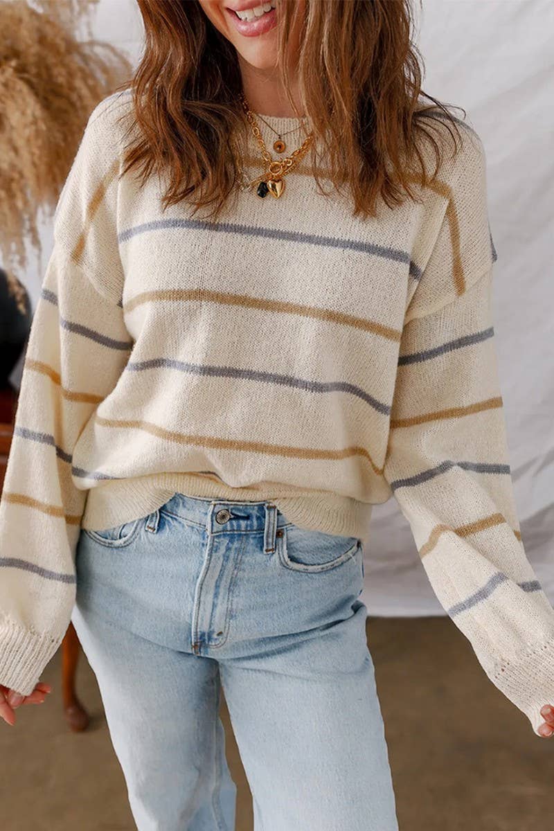 CWOSWL07153_CASUAL COLORFUL STRIPED LOOSE PULLOVER SWEATER