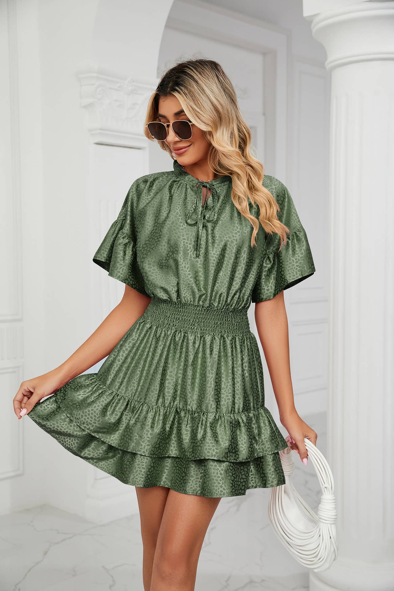 SATIN WAISTLINE V-NECK RUFFLED SKIRT DRESS