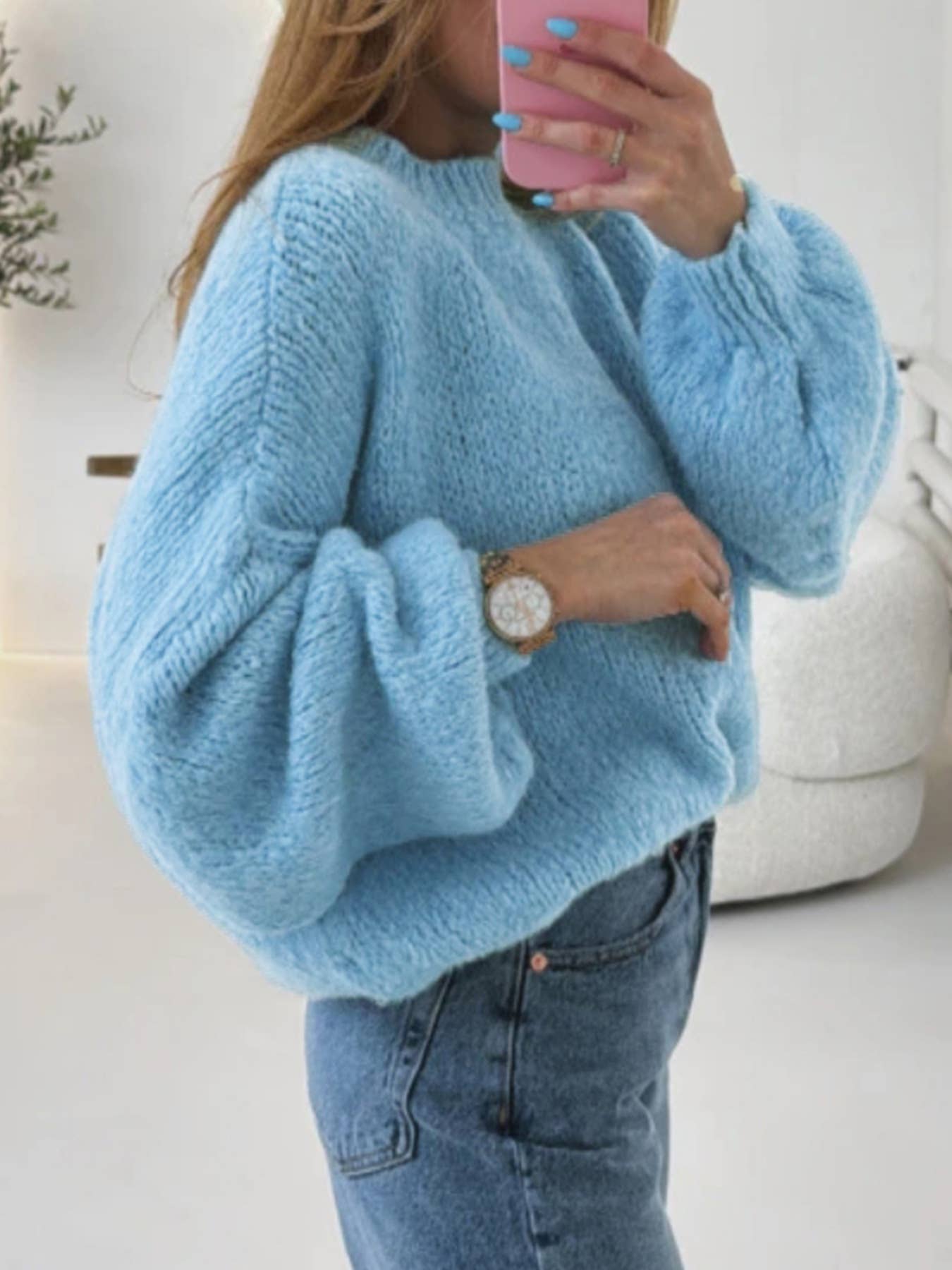 Lantern sleeve pullover solid-color knit sweater