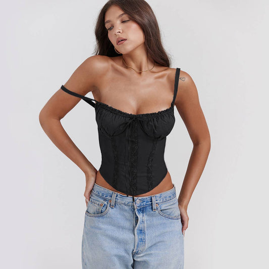 Lace patchwork tie up sexy cami top