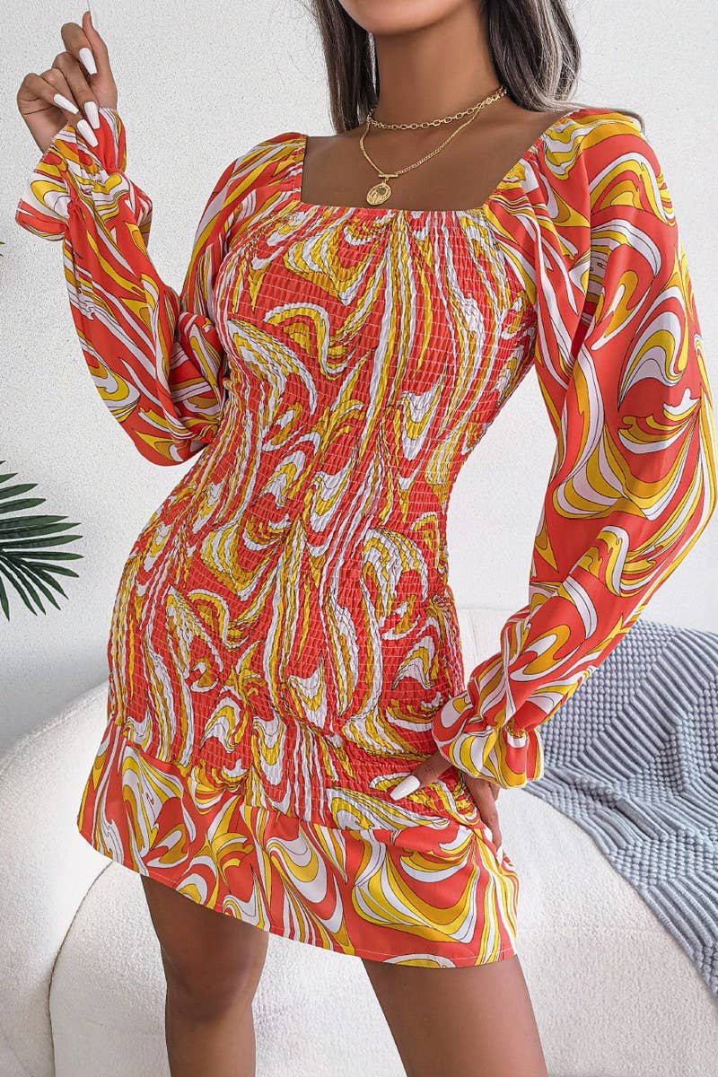 CWDMD4717_SEXY SQUARE NECK LONG SLEEVE RUFFLED HIP DRESS