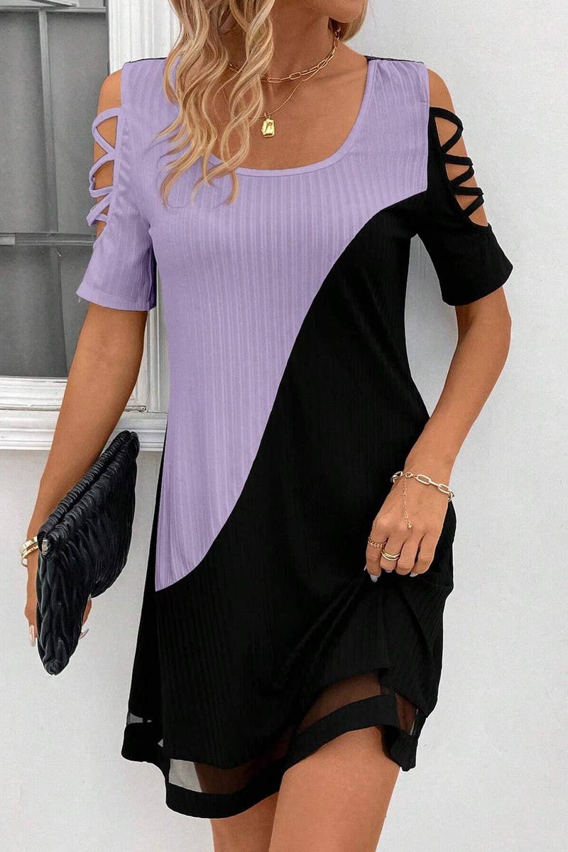 CWDSD7555_TEMPERAMENT COLOR MATCHING HOLLOW MESH DRESS