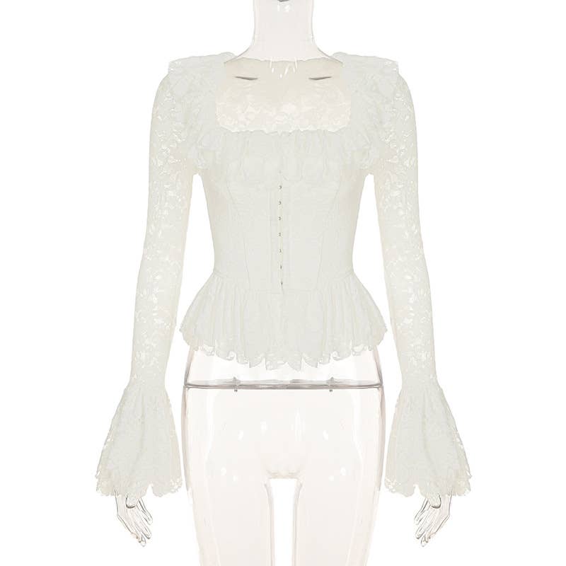 Square collar flared sleeve lace shirt of top