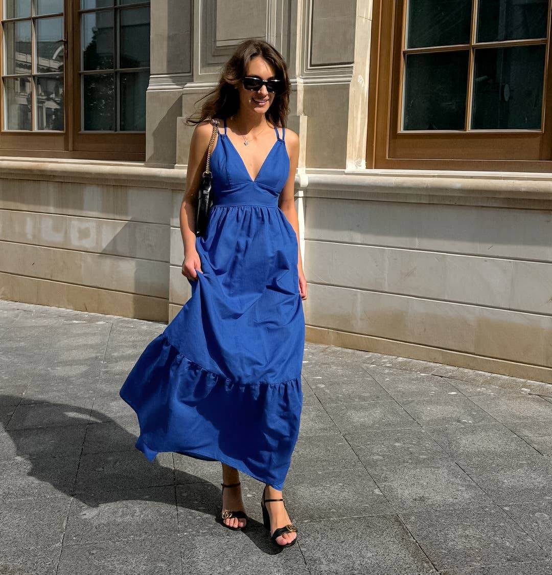 A-Line Maxi V-Neck Backless Strap Dress