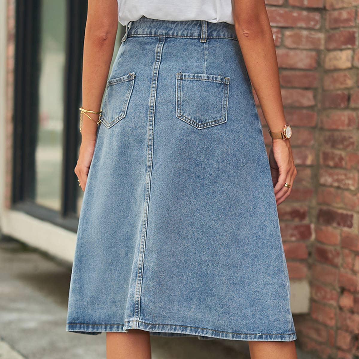 Washed Denim Button Front Skirt for Women Slim