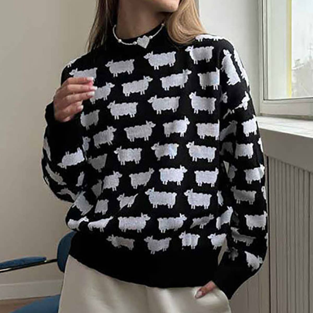 SHEEP PRINT LOOSE CASUAL PULLOVER SWEATER