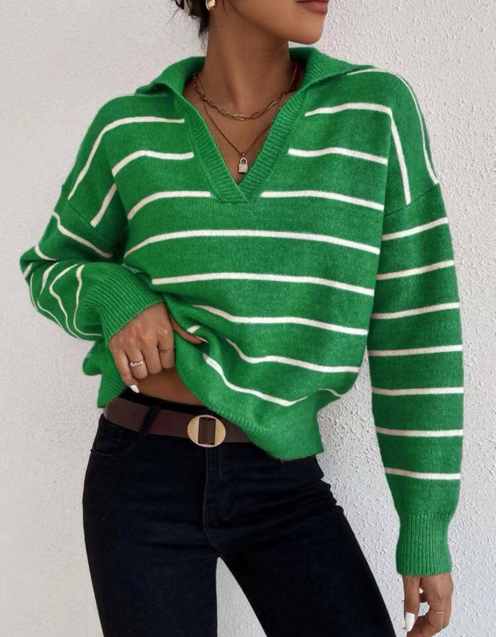 LONG SLEEVE POLO COLLAR STRIPED KNITWEAR