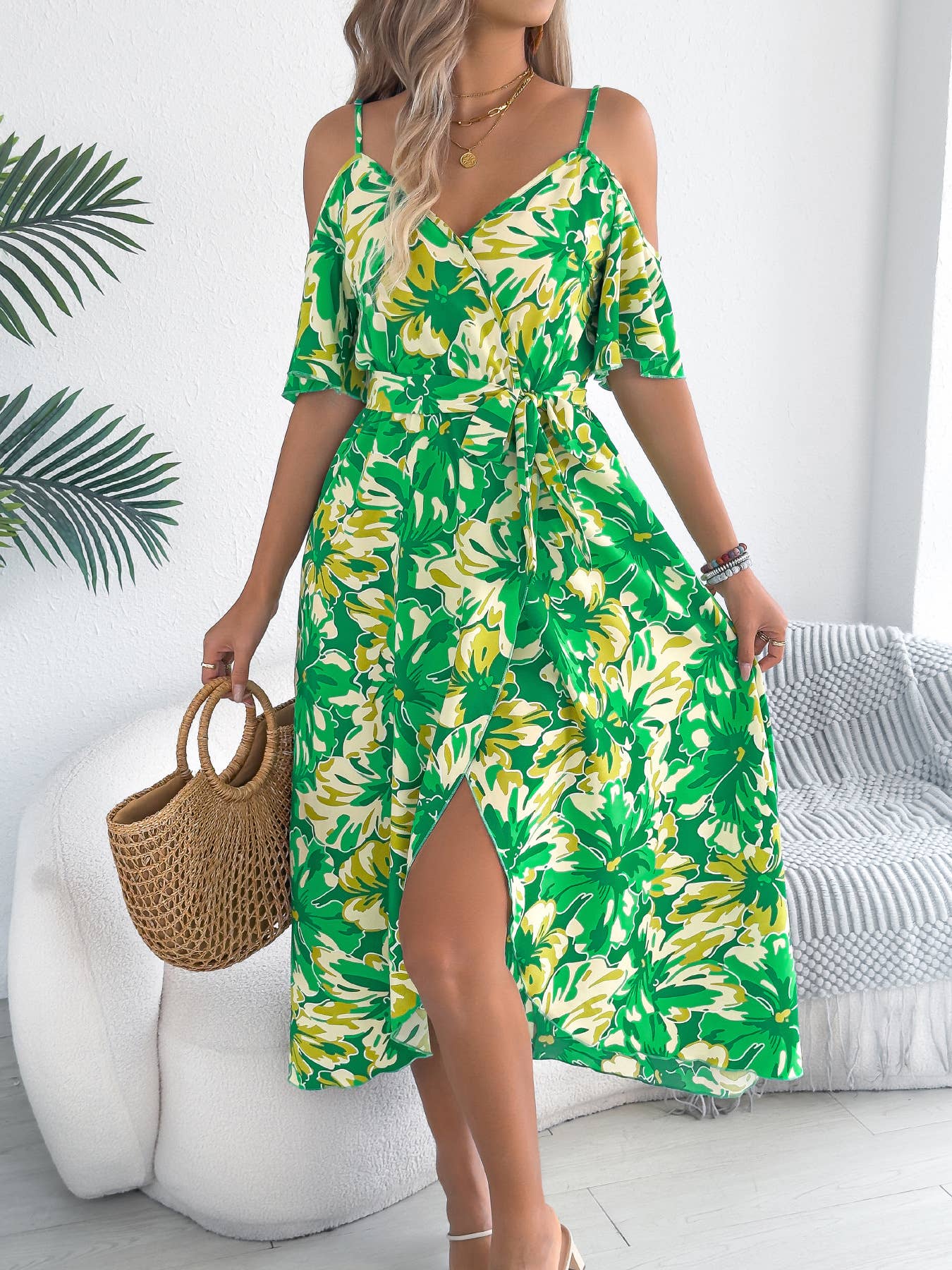 Off-the-shoulder cross-neck printed halter dress