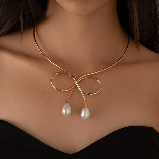 WATERDROP IMITATION PEARL FASHION METAL NECKLACE