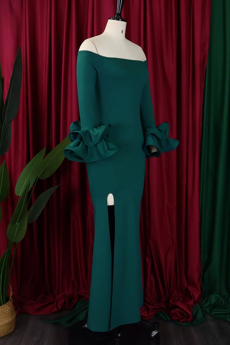 CWDMD1729_ONE SHOULDER SLIT RUFFLE SLEEVE EVENING MAXI DRESS