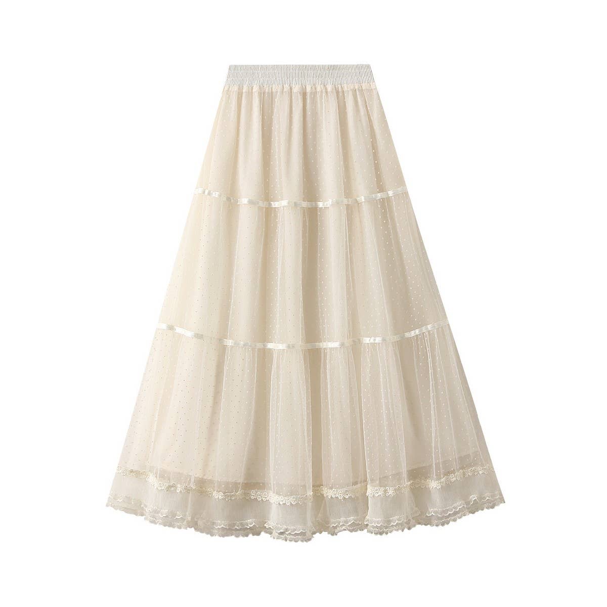 Lace Ruffle Trim Polka Dot Tulle Skirt