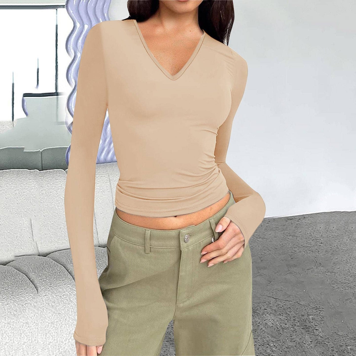 V-NECK LONG SLEEVE SLIM-FIT ALL-IN-ONE T-SHIRT