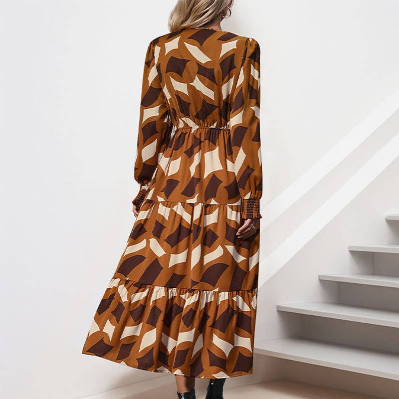 TEMPERAMENT V-NECK BUTTON-UP LONG DRESS