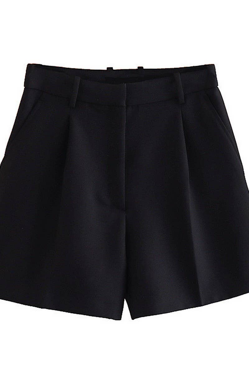 CWBSP0423_SOLID COLOR HIGH WAIST PLEATED CASUAL SHORTS