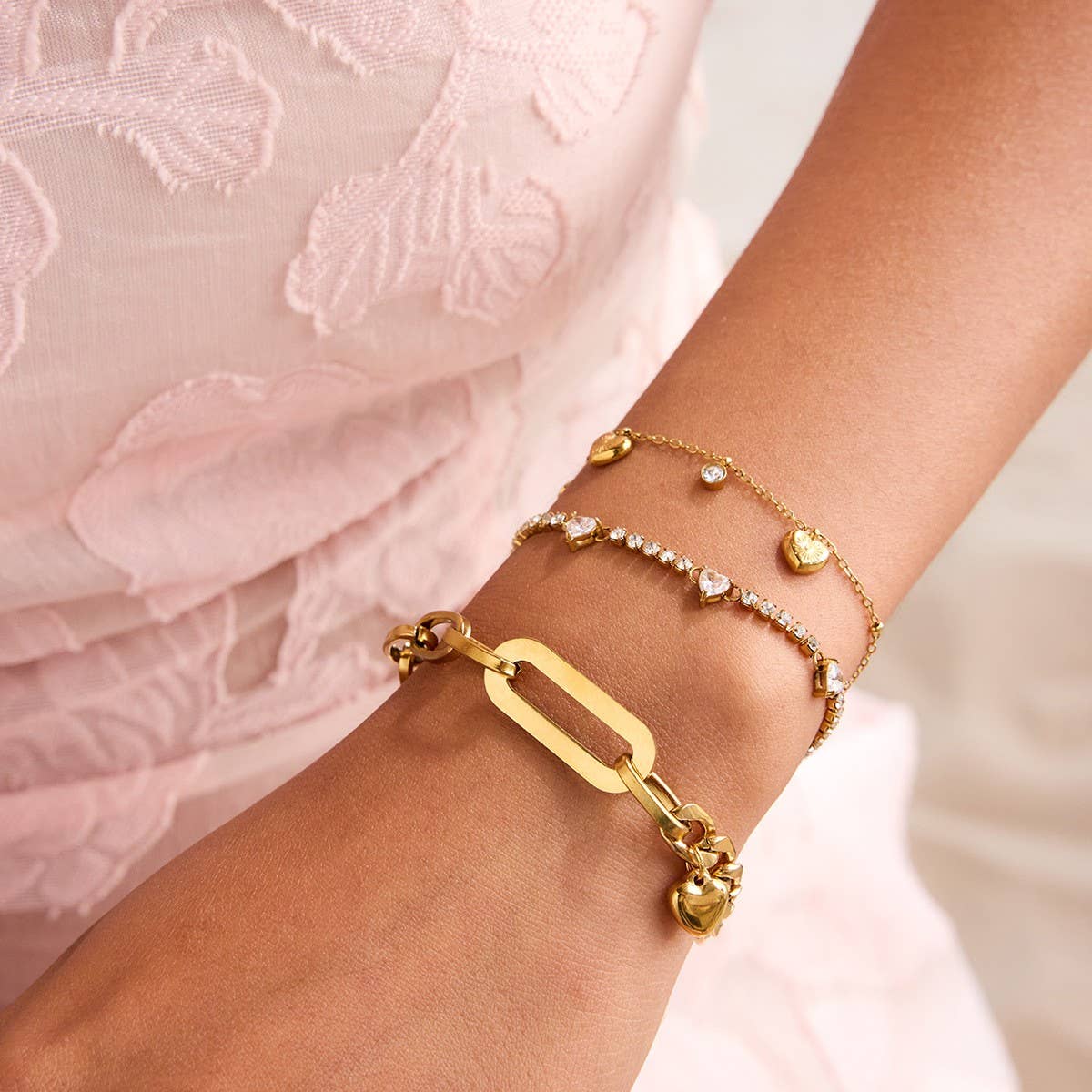 18K Gold Titanium Heart Zircon Bracelet, Luxury_CWAJE4718