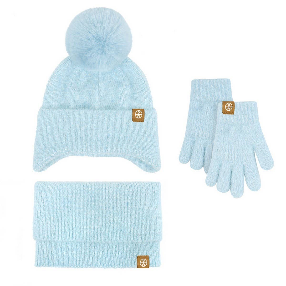 KNITTED POM POM EARMUFF HAT THREE-PIECE SET