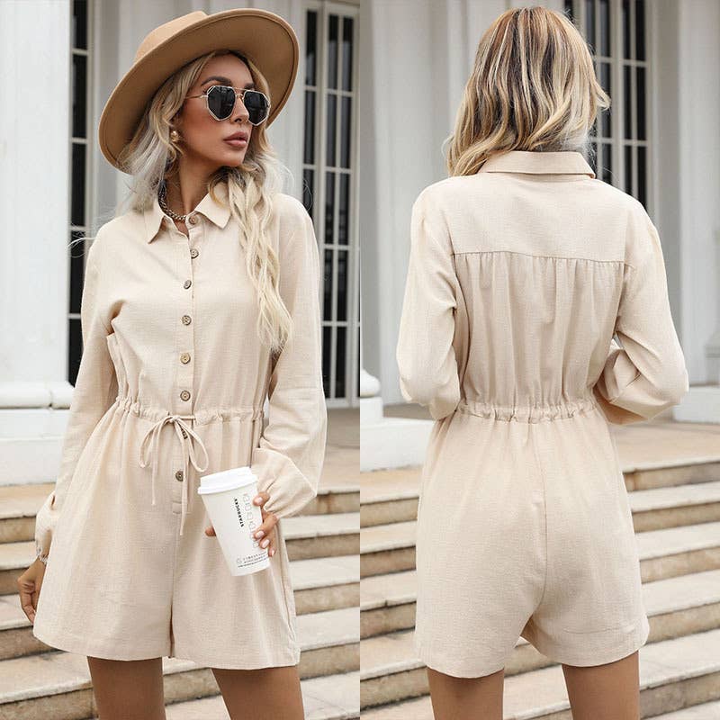 Shirt-style wide-leg shorts jumpsuit