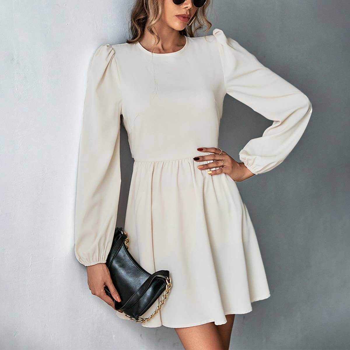 SWEET WAISTED A LINE HALTER LONG SLEEVE DRESS_CWDSD3251