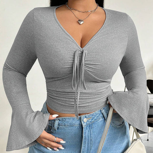 V-neck long-sleeved T-shirt pure slim short top