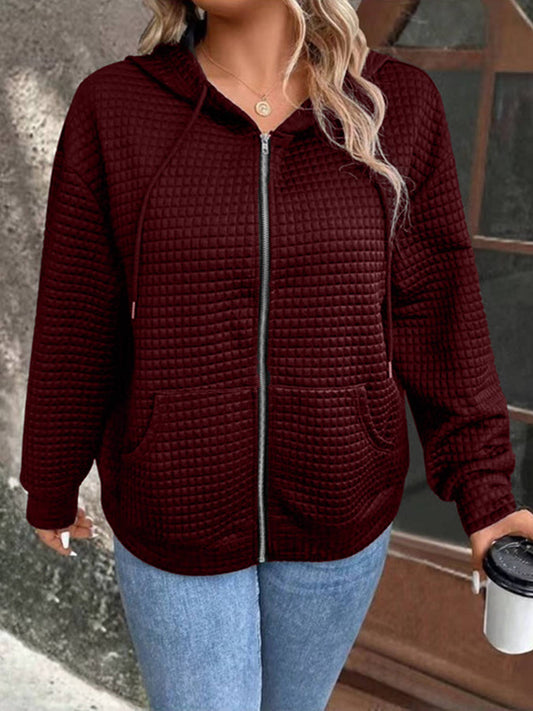 WAFFLE COAT WITH HOODED DRAWSTRING SPORTS ZIPPER