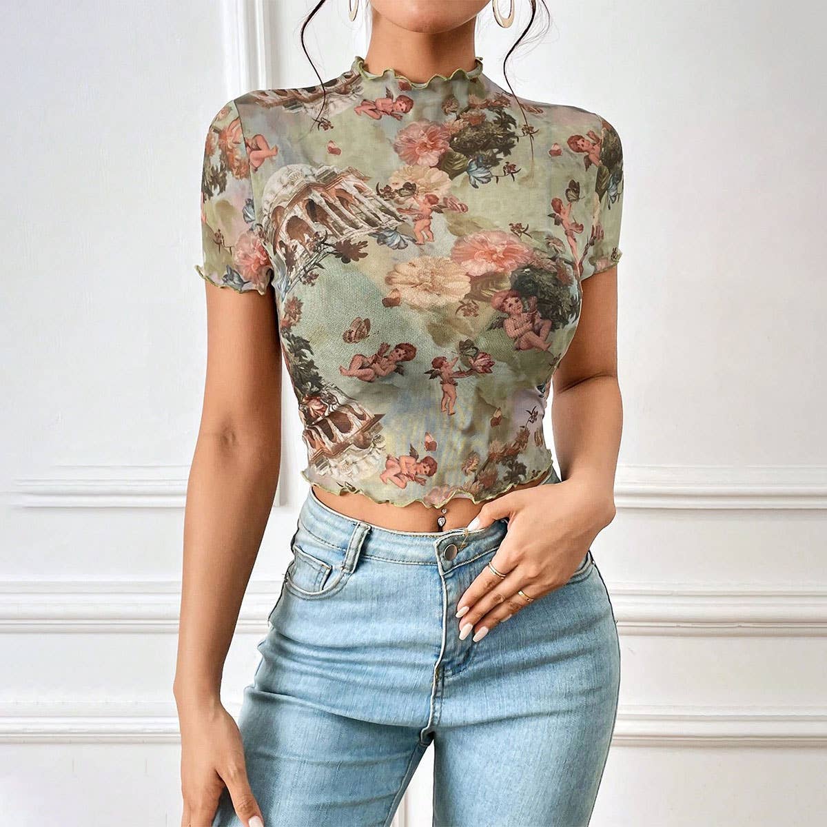 FLORAL PRINT MESH TOP WITH RUFFLE DETAILING