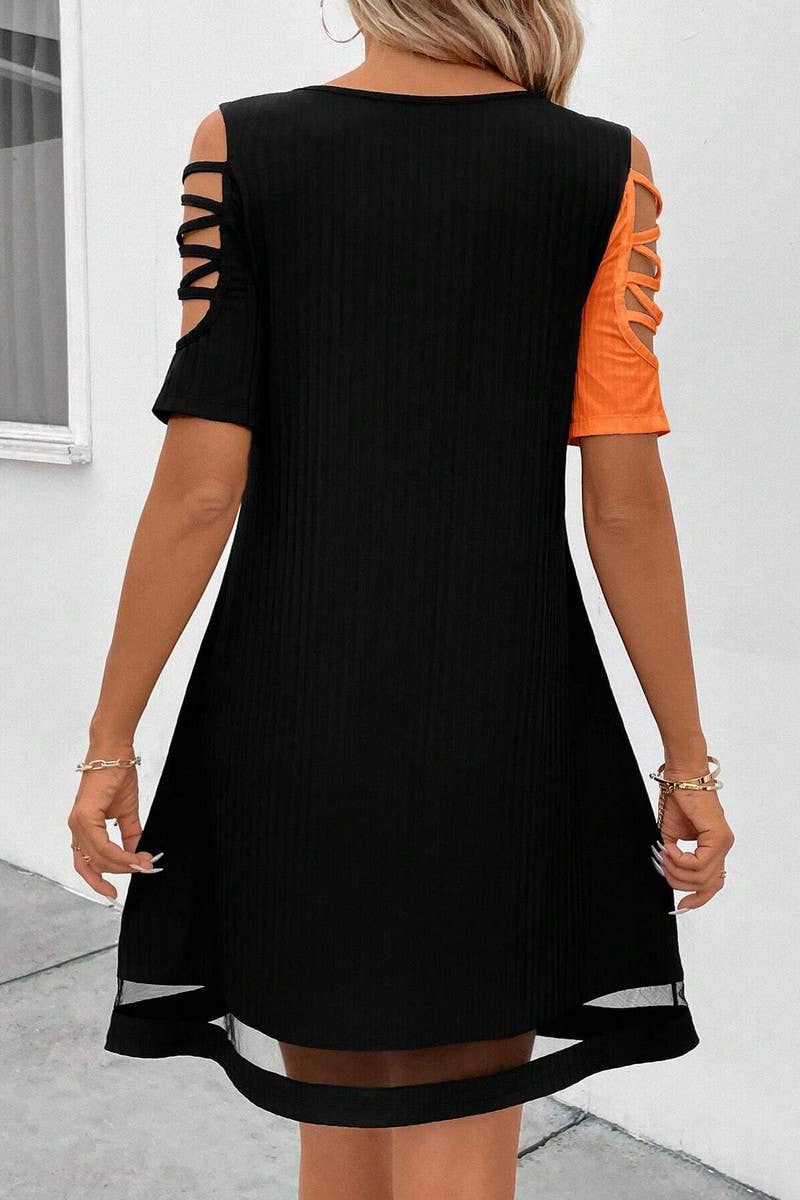 CWDSD7555_TEMPERAMENT COLOR MATCHING HOLLOW MESH DRESS