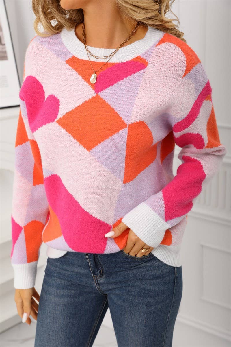 CWOSWL07576_CREW NECK CHECKERBOARD VALENTINE'S DAY SWEATER