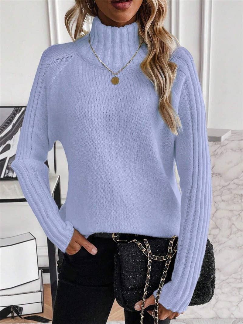 Solid-colored high-neck long-sleeved sweater