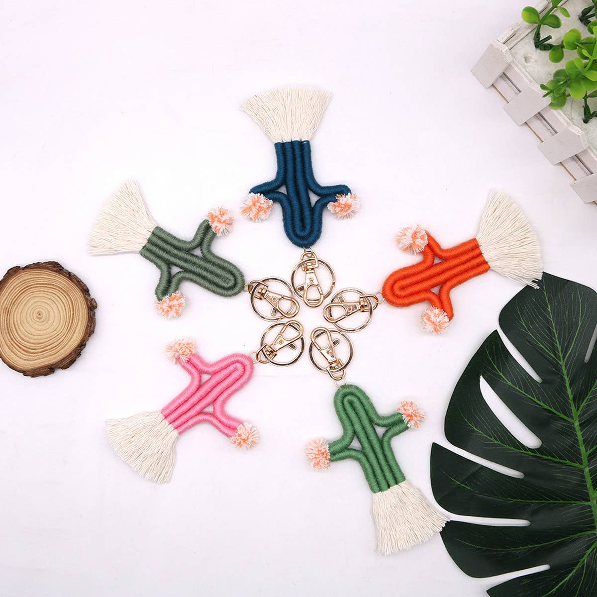 HAND-WOVEN CACTUS FUR BALL KEYCHAIN