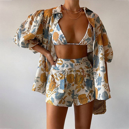 Fashion print shirt halter & shorts 3-piece set