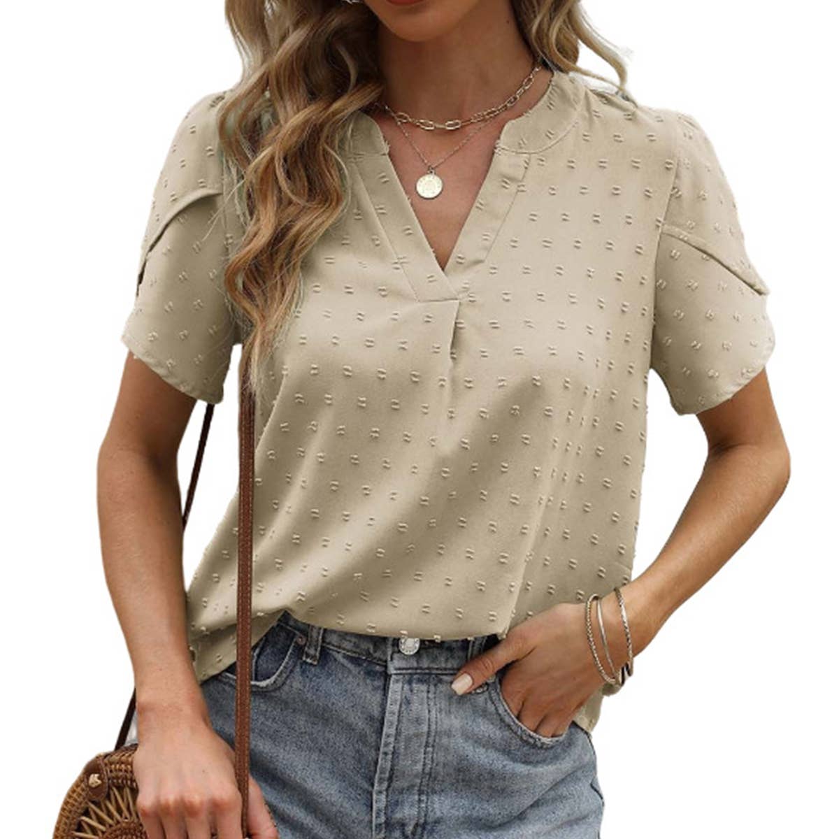 V-NECK JACQUARD SHORT SLEEVE SHIRT BLOUSE