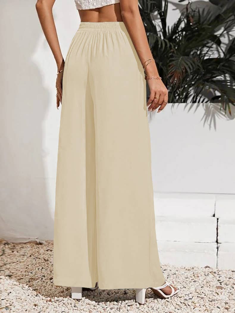 Solid-color loose tight waistband wide-leg pants