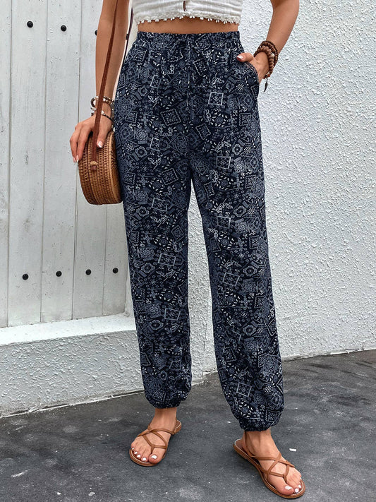 Loose pants with ethnic style printed bouquets
