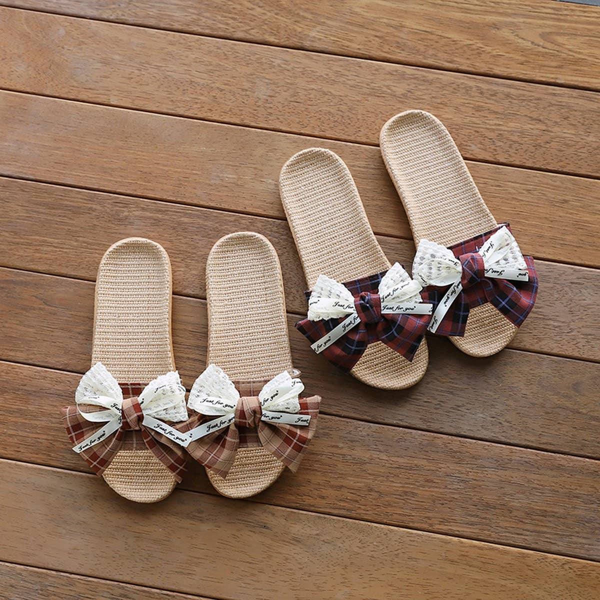 Fashion Linen Bow Slippers with Thick Sole_CWSHF0183