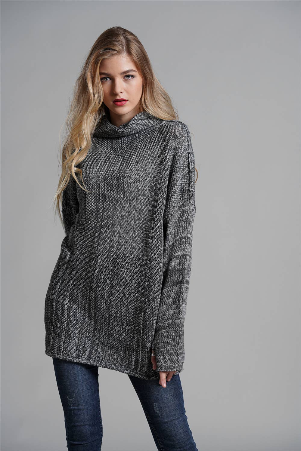 Turtleneck loose solid color sweater for women