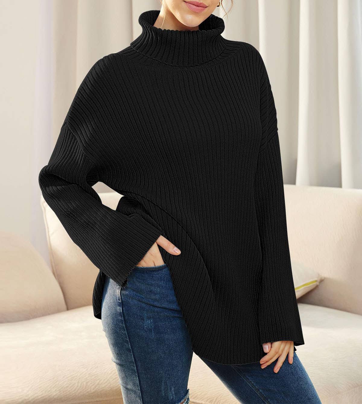 SPLIT TURTLENECK SOLID COLOR RIB KNIT SWEATER
