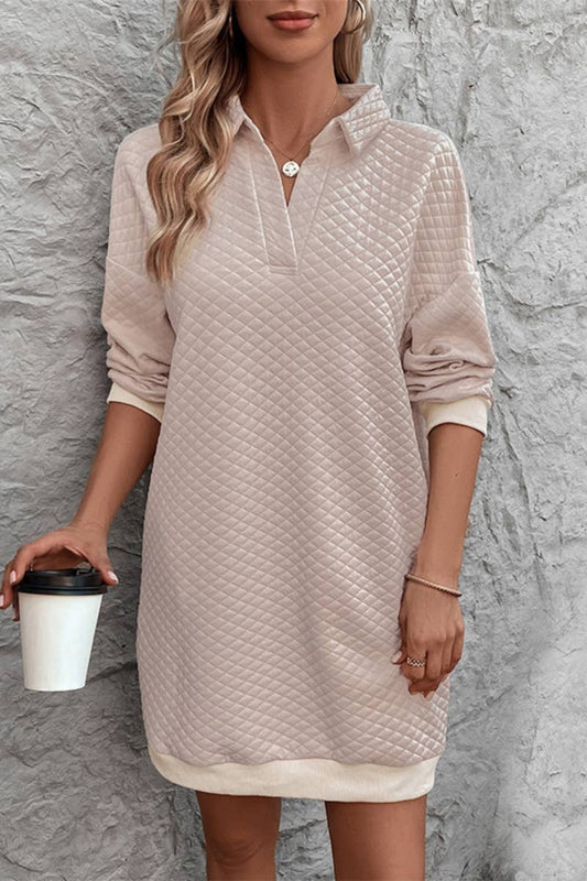 CWDSD6527_SOLID COLOR PLAID V-NECK LONG-SLEEVED DRESS SHORT