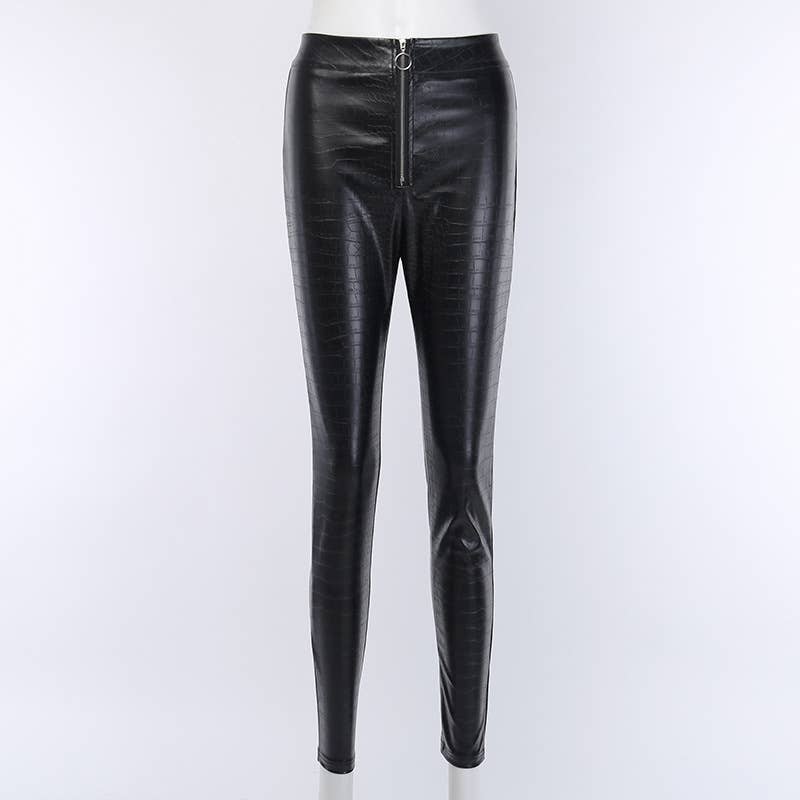 Tapered zipper casual pencil PU leather pants