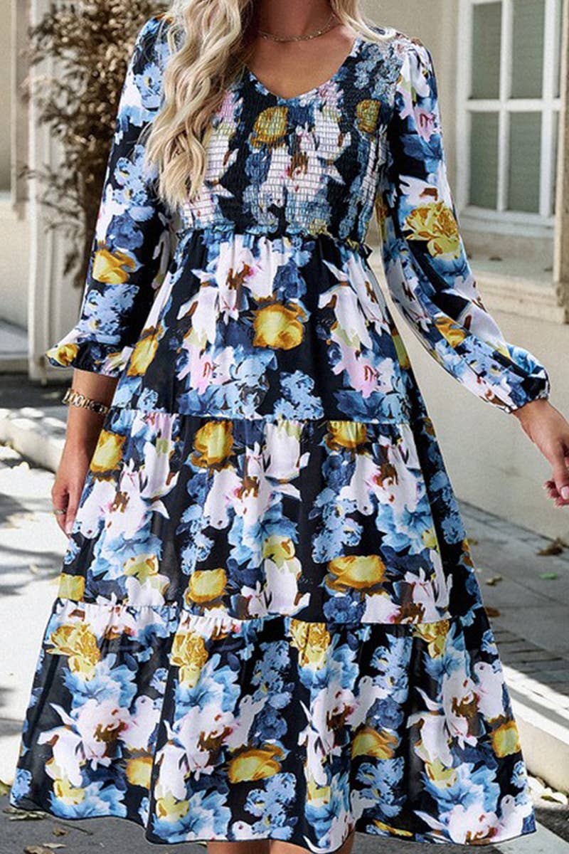 WOMENS V NECK LONG SLEEVE PRINTED DRESS_CWDMD0706