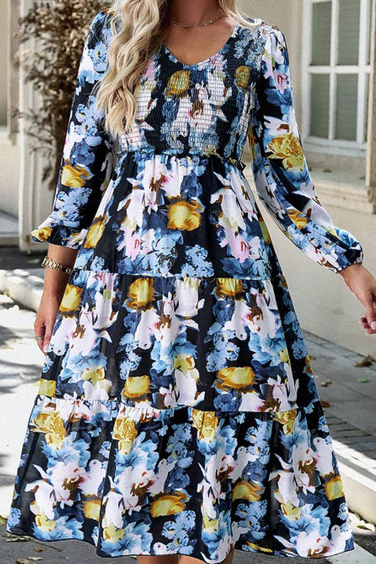 WOMENS V NECK LONG SLEEVE PRINTED DRESS_CWDMD0706