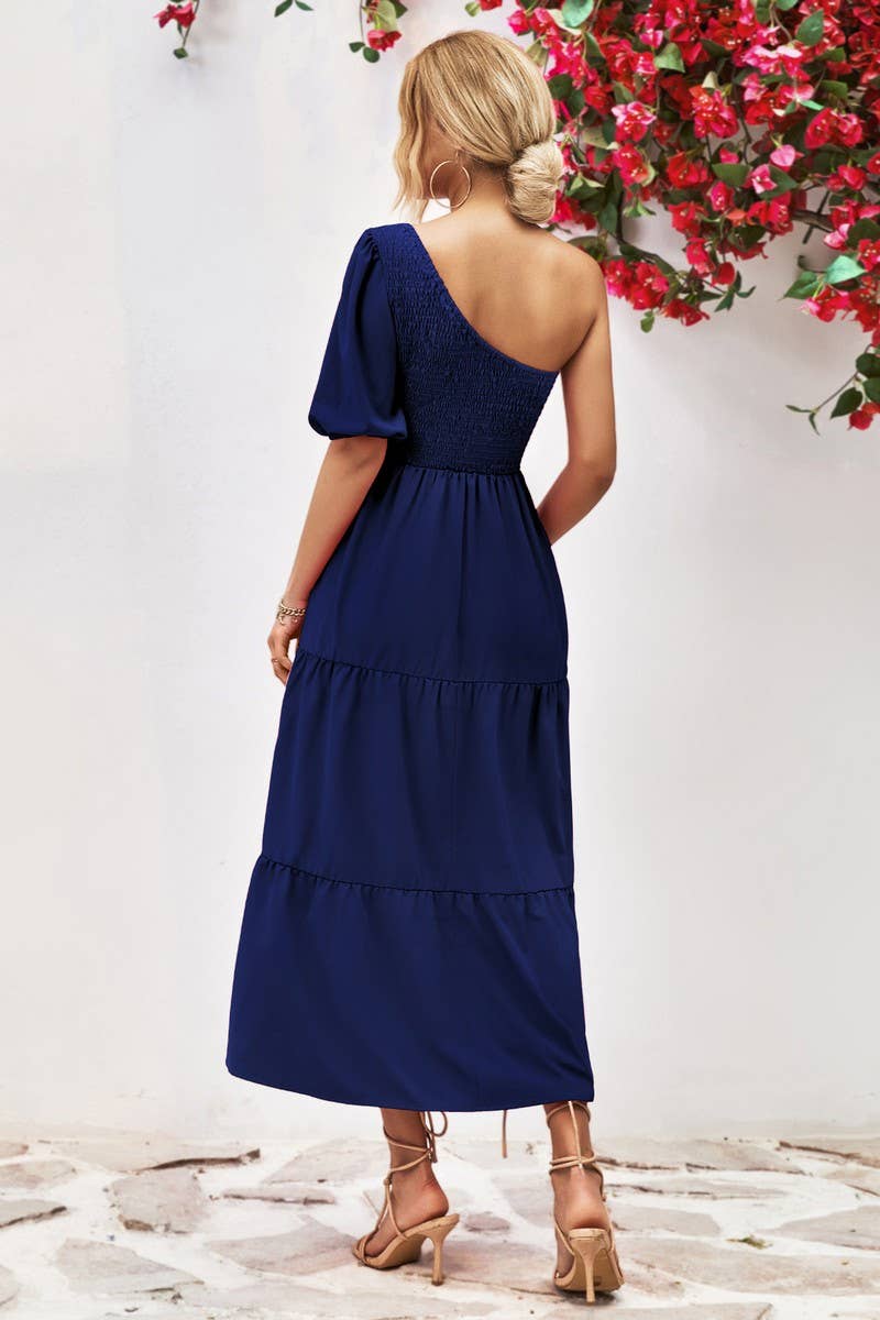 SLANT SHOULDER PUFFY SLEEVE DRESS_CWDSD2635