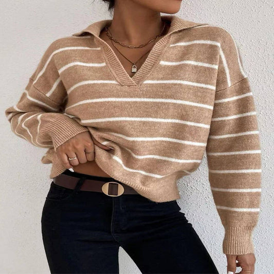 LONG SLEEVE POLO COLLAR STRIPED KNITWEAR