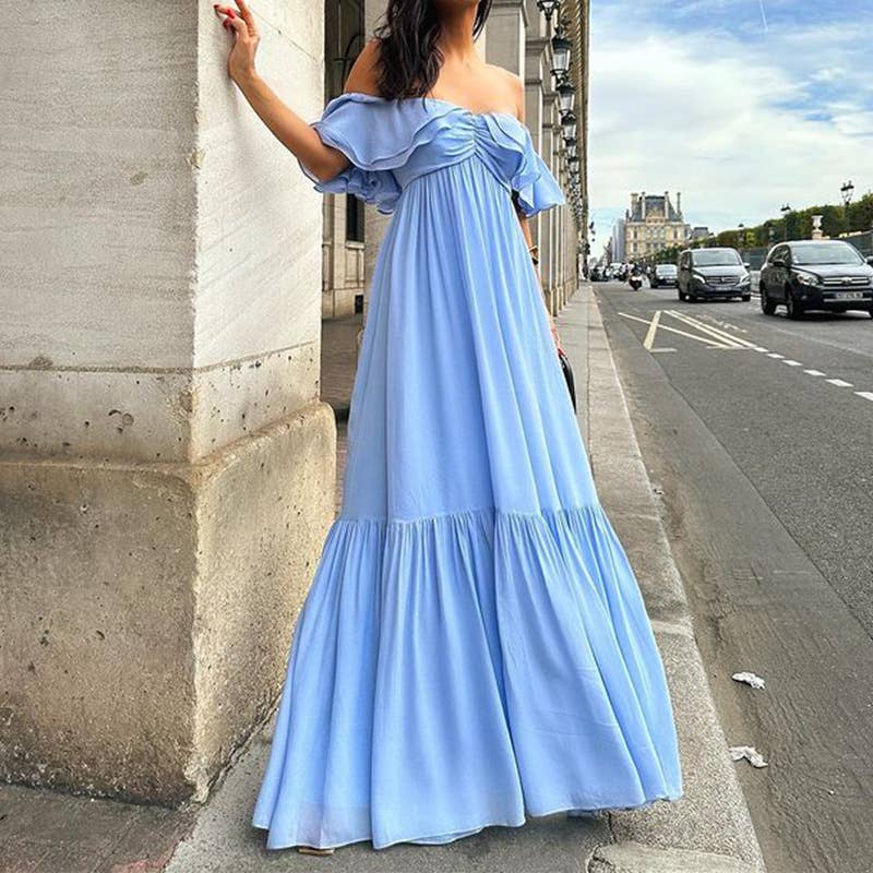 SOLID COLOR ONE-LINE SHOULDER-TOP LONG DRESS