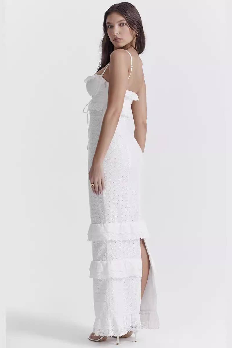 CWDMD3014_WHITE CROCHET SLIM SUSPENDER LONG DRESS