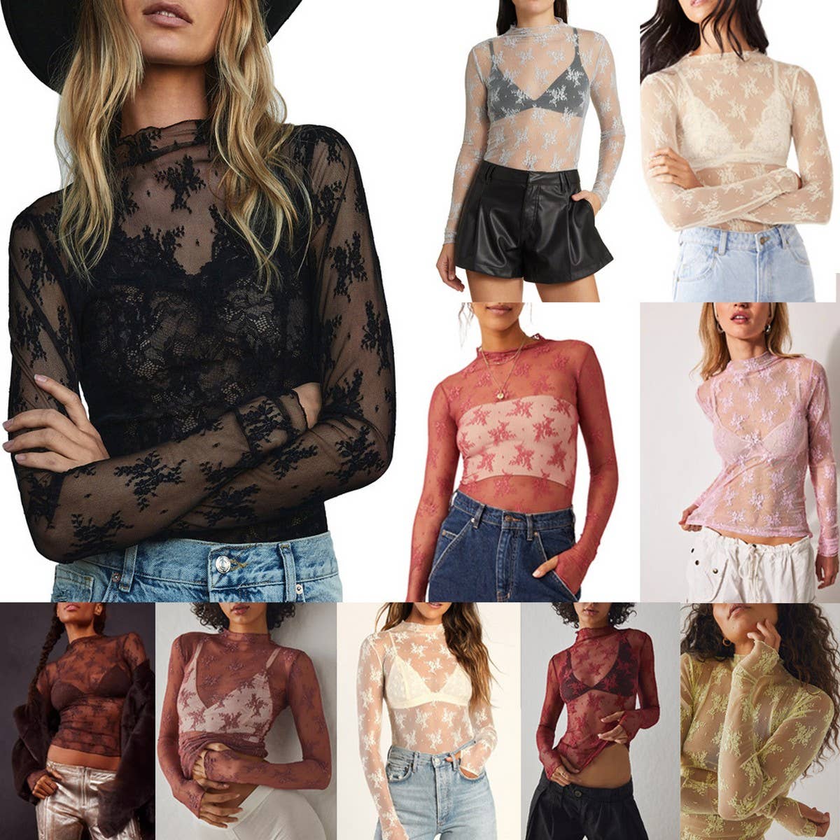 SEMI SHEER MESH LACE TOP BOTTOMING SHIRT