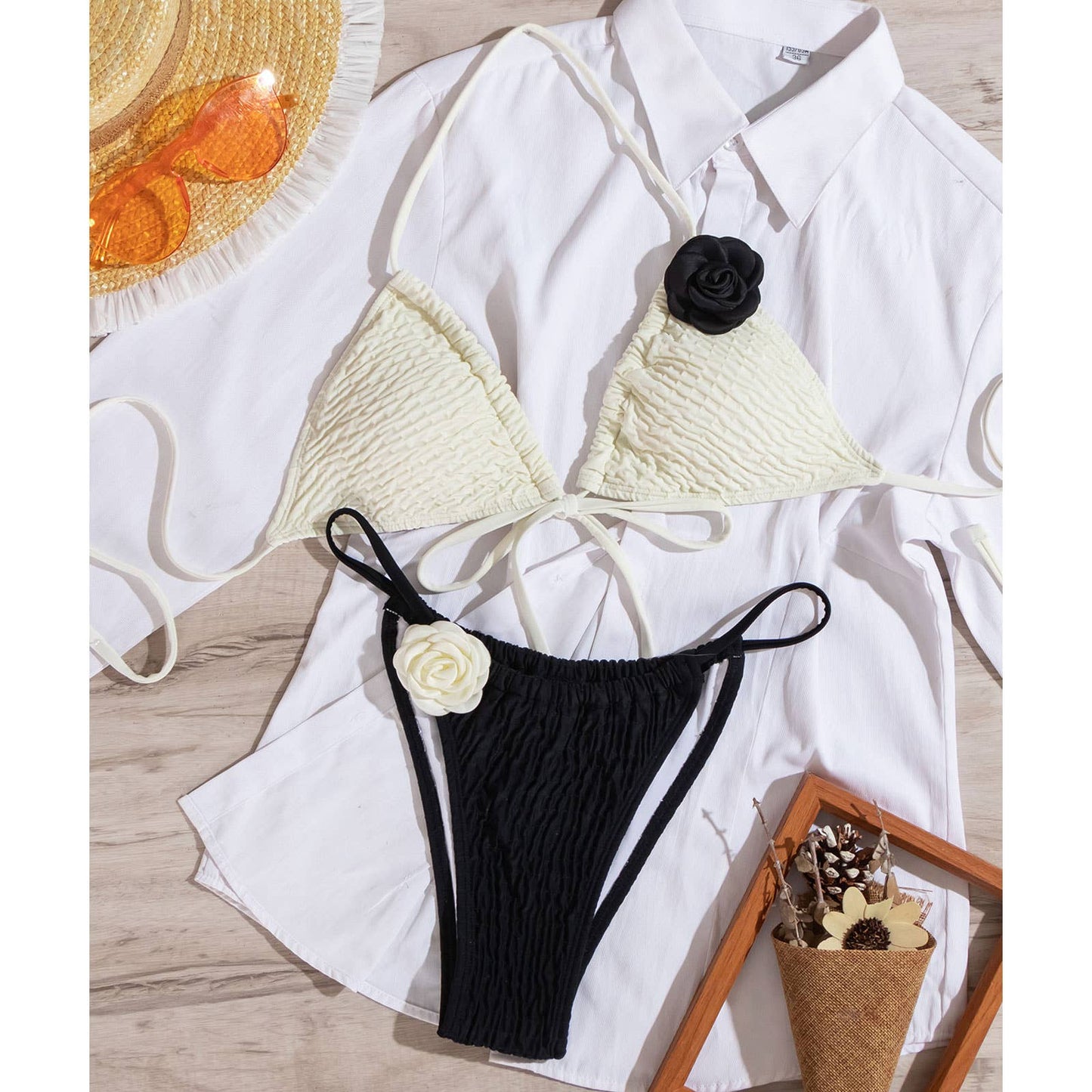 3D Floral Bikini Set - Black & White Swimsuit_CWMW0701