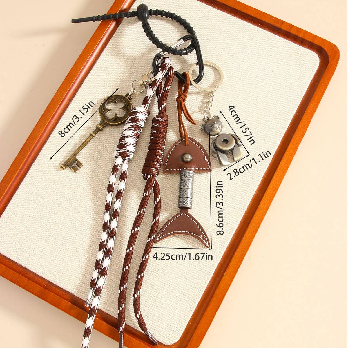 Vintage Leather Fishbone Bear Keychain Charm